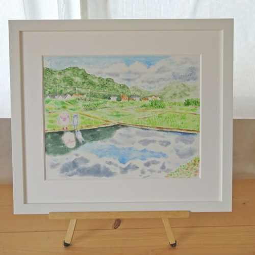 ✻【原画/額装】田んぼの水鏡 ポテとゆきだるまん no.160 | 水彩画