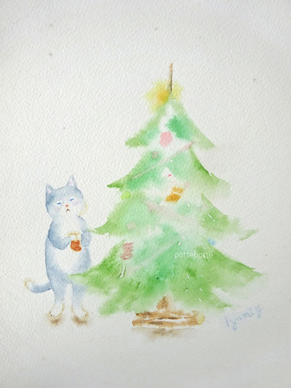 猫 クリスマスツリー 白猫 絵 イラスト 絵画 L版の通販 by