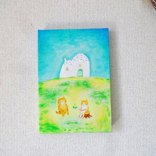 原画/キャンバス】原っぱのおうちと猫 no.153 | 絵 アート 猫 artwork