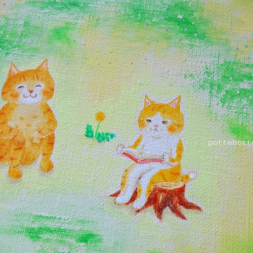 原画】『木の人と猫たち』猫の絵 絵画 パステル画 アンティーク 植物