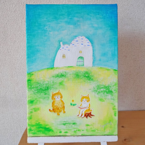 原画/キャンバス】原っぱのおうちと猫 no.153 | 絵 アート 猫 artwork
