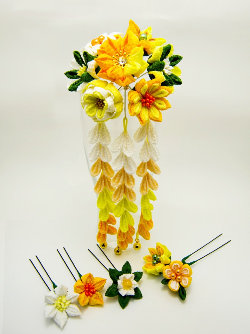 和装髪飾りセット④日本・かんざし・つまみ細工・舞妓・髪飾り・ヘアアクセサリー・七五三・結婚式・成人式・卒業式・お花・黄