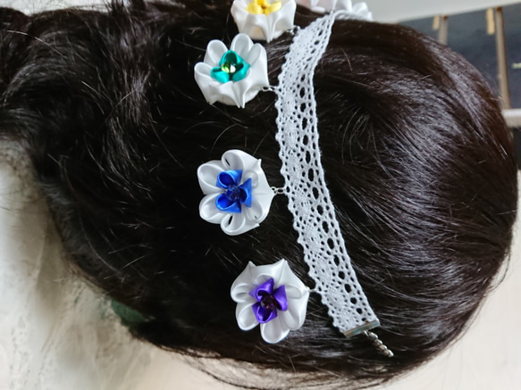 バックカチューシャＤ・ヘアアクセサリー・髪飾り・つまみ細工・結婚式・ブライダル・ウェディング・花嫁・スワロフスキー・パー 7枚目の画像