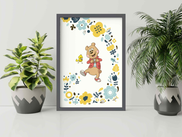 北欧ポスター「ひよことクマさん」　A4・花柄・ブルー 2枚目の画像