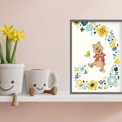 北欧ポスター「ひよことクマさん」　A4・花柄・ブルー 3枚目の画像