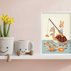 北欧ポスター「うさぎの川下り」　A4・花柄・オレンジ 3枚目の画像