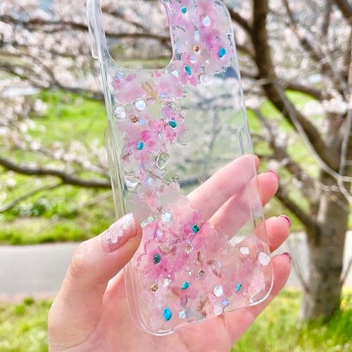 桜 スマホケース 押し花 iPhone17天然石 オルゴナイト 幸運を