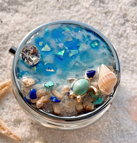 海からのプレゼント Beachピルケース スワロフスキー 幸運を引き寄せる オルゴナイト小物入れ アクセサリーケース 10枚目の画像