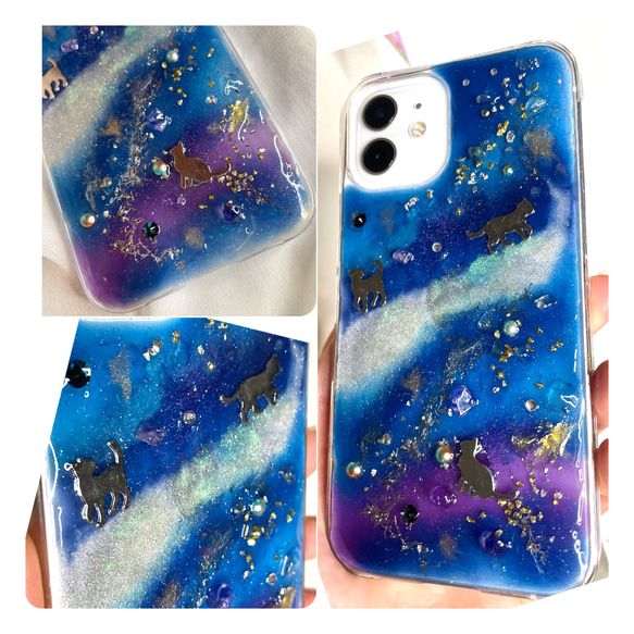 宇宙 猫 にゃん SWAROVSKI天の川 iPhoneケース 全対応 iPhone11 proなど 幸運のオルゴナイト 1枚目の画像