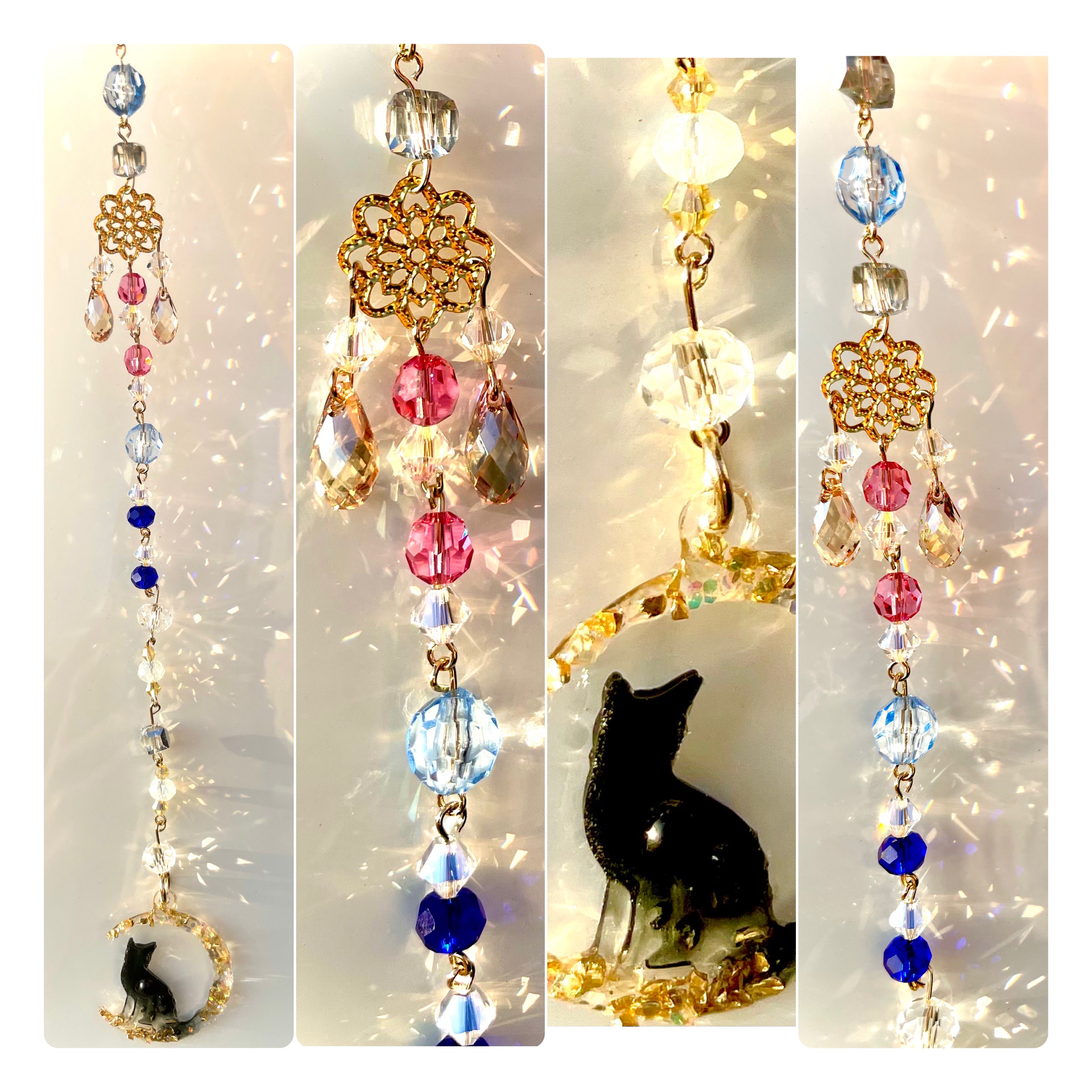月 猫 サンキャッチャー Swarovski プリズムシャワー キラキラゴールド