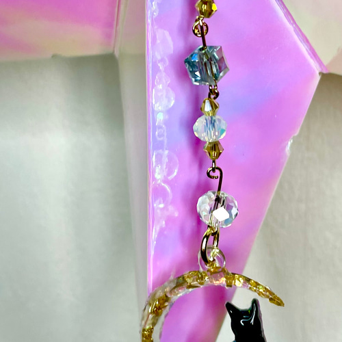 月 猫 サンキャッチャー Swarovski プリズムシャワー キラキラゴールド