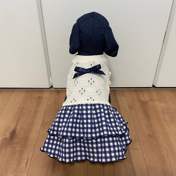 犬服　オーダー　『レース　ギンガムチェック　2段フリル　ワンピース　ネイビー』　春夏　わんこ服　かわいい 8枚目の画像