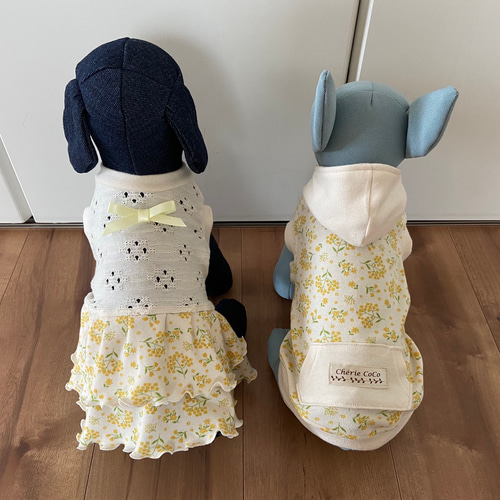 犬服 オーダー 『ミモザ柄フードタンクトップ イエロー』わんこ服