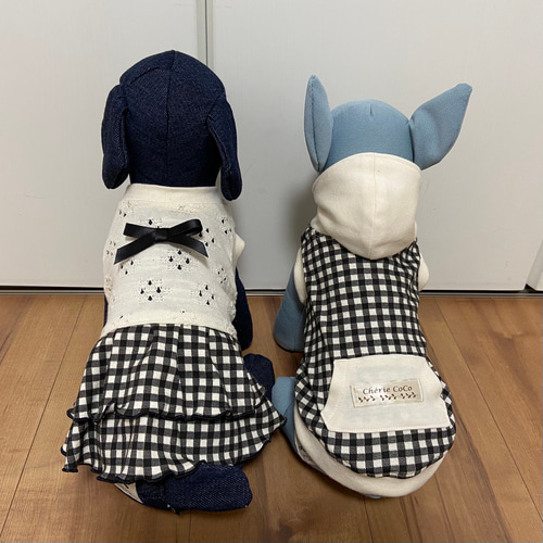 あんこ　かごカバー　リボン　ダブルフリル　犬　撮影会　白黒ギンガムチェック 犬服 オーダー 『レース ギンガムチェック 2段フリル ワンピース