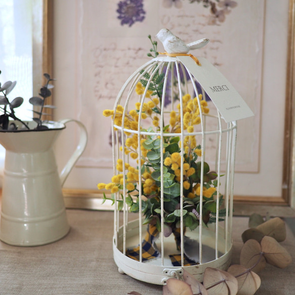 ハンドメイドアーティフィシャルフラワー　スプリングミモザポピー鳥籠34 ミモザと鳥籠 アートフラワー FLOWER*FORTUNE 通販 11249476｜Creema