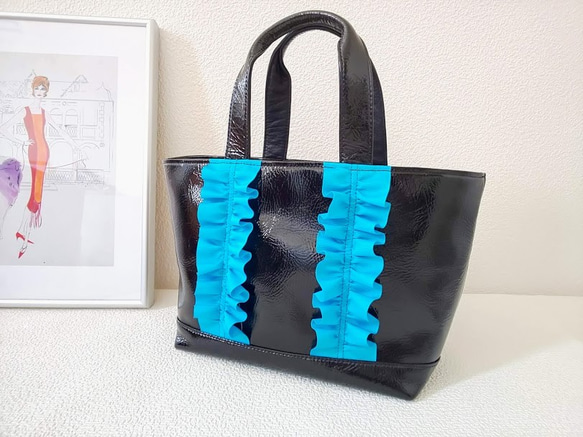 トートバッグ黒：S（エナメル牛革：リボンターコイズブルー） トート