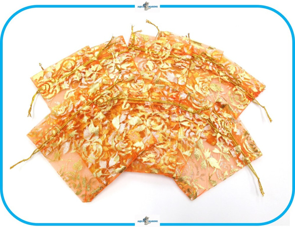 IMK5 レース 巾着 約9×7cm 20枚セット ミニ 袋 ラッピング オレンジ キラキラ ローズ 薔薇 プレゼント 1枚目の画像