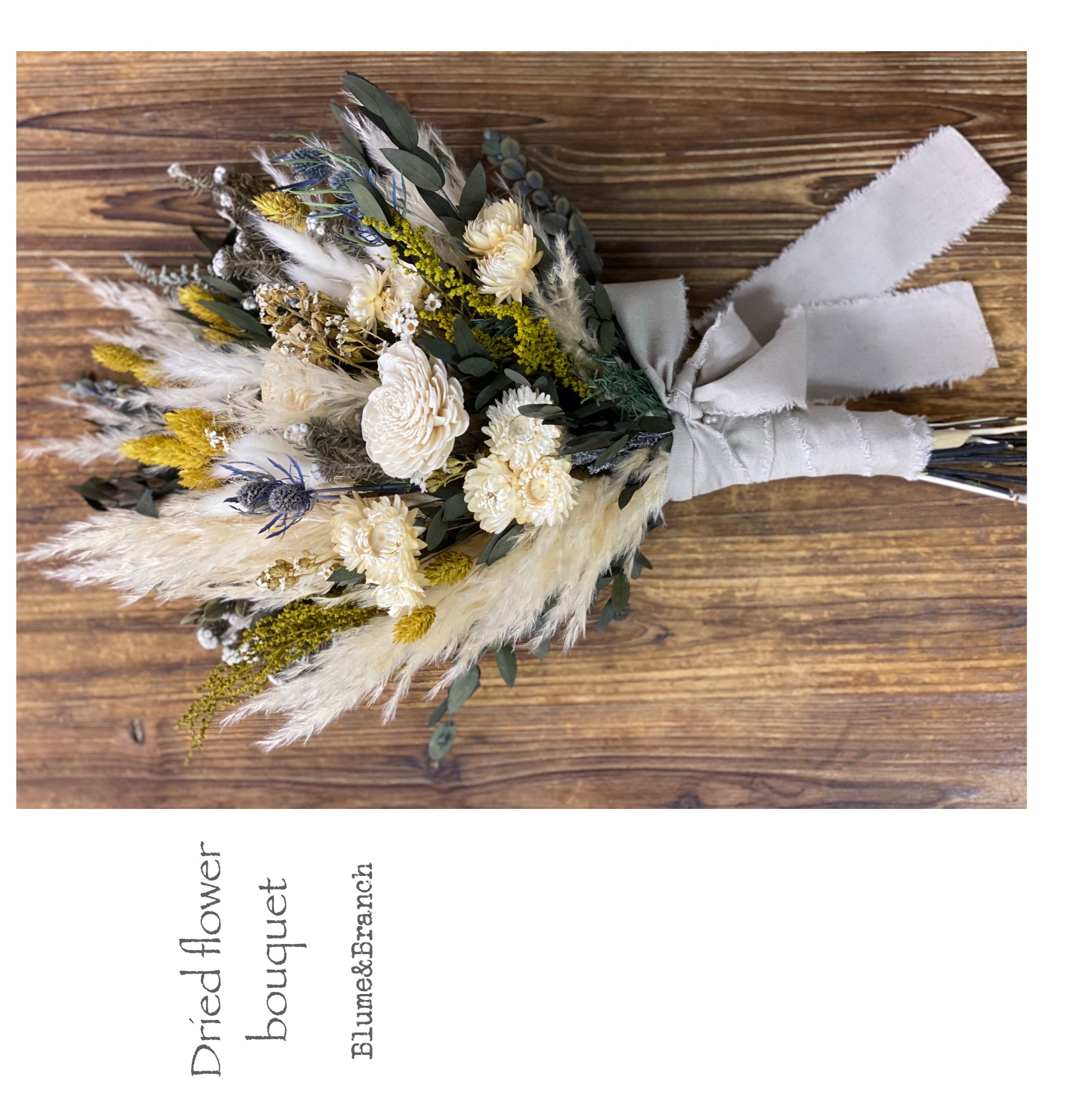 〜パンパスグラスとマスタードカラーのドライフラワー＆プリザーブドフラワーブーケ〜