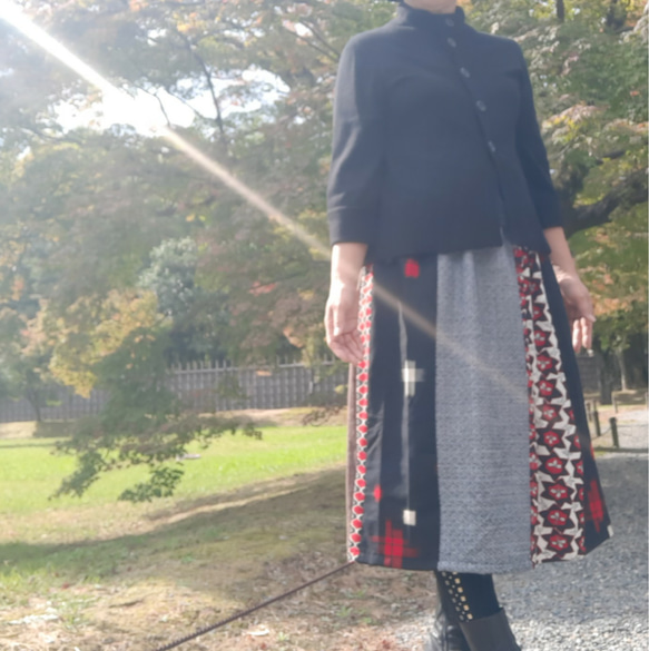 Sale ウール生地　ギャザースカート フリーサイズ 着物リメイク　普段着 3枚目の画像