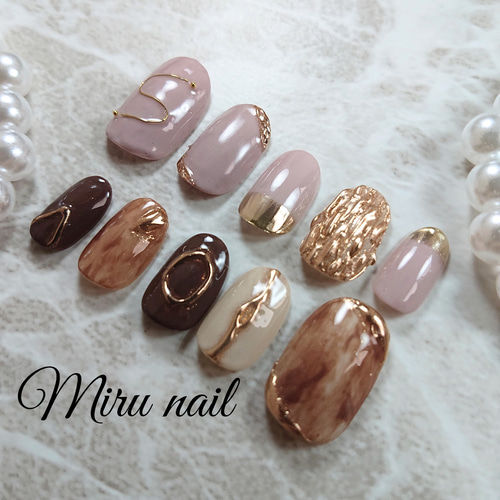 くすみピンク&ブラウンニュアンスネイル ネイルチップ（つけ爪） Miru