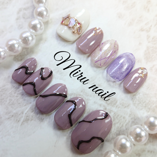 ネイルチップ ニュアンス 紫 ピンク ちゅるん うるうる オーダーネイル くすみラベンダー&うねうねニュアンスネイル ネイルチップ（つけ爪