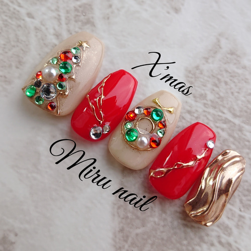 リース、ネイルチップ 74 Bitter chocolate Xmas knit nail tips クリスマス ホワイト
