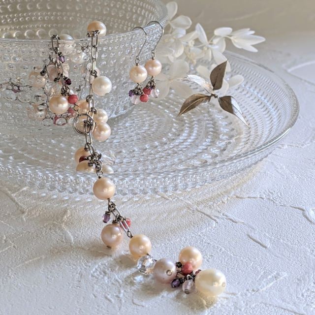 桜色淡水真珠すずなりネックレス＆ピアス / SV FreshwaterPearl Necklace & Earrings