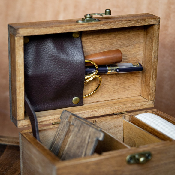 [受注制作] ソーイングボックス 木製 裁縫箱 アンティーク風 木箱 (ブラウン) 5枚目の画像
