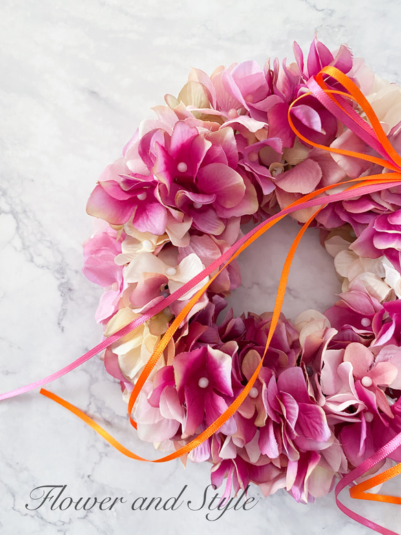 アジサイのリース　ハイドランジア　ピンク　アーティフィシャルフラワー　造花　プレゼント　おしゃれ　インテリア　癒し　 3枚目の画像