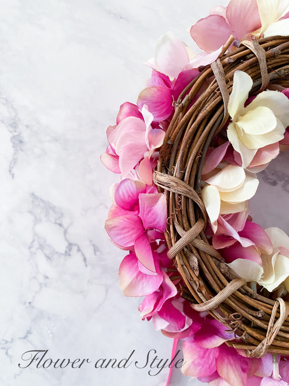 アジサイのリース　ハイドランジア　ピンク　アーティフィシャルフラワー　造花　プレゼント　おしゃれ　インテリア　癒し　 5枚目の画像