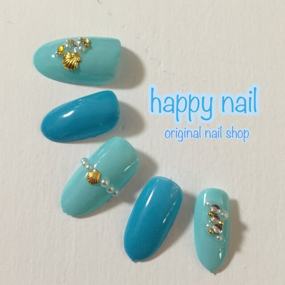 ♡new♡ターコイズブルーのシェルネイルチップ ネイルチップ