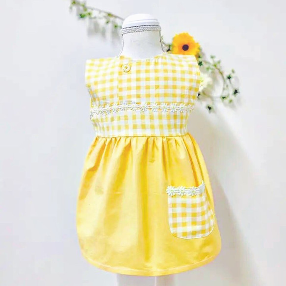 ハンドメイド　黄色の服 ポシェット付き！菜の花色のノンスリーブワンピース80cm 子供服