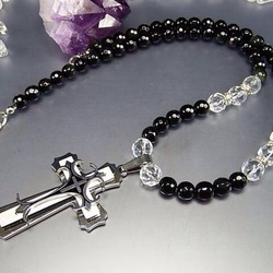 魔除け天然石オブシディアン水晶超大ステンレス柄付きクロスネックレス