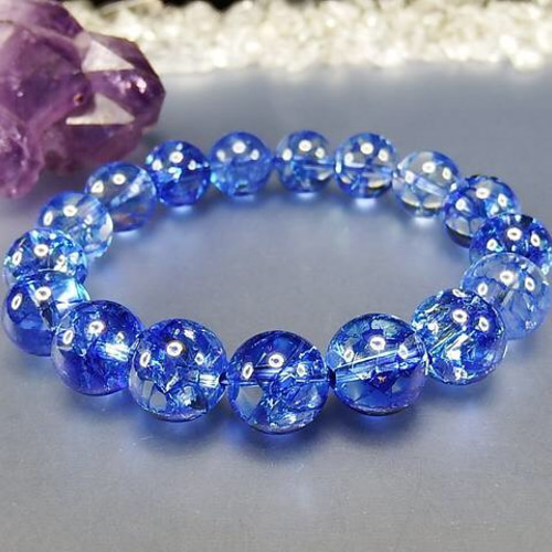 開運】天然石3Aブルークラック水晶約12ミリ17粒数珠ブレスレット石街