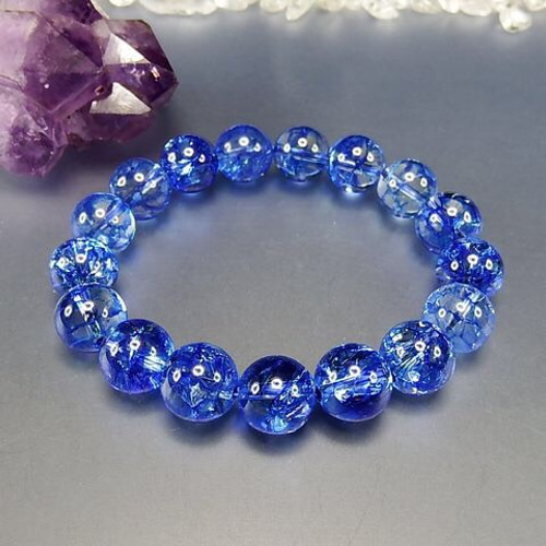 開運】天然石3Aブルークラック水晶約12ミリ17粒数珠ブレスレット石街