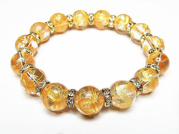 天然石本水晶五爪皇帝龍手彫り金箔約12ミリロンデル数珠石街