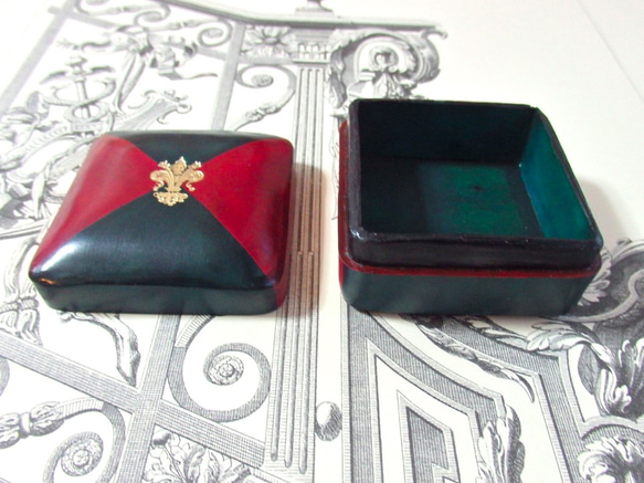 【受注製作】レザージュエリーボックス/mini square/Red×Green 4枚目の画像