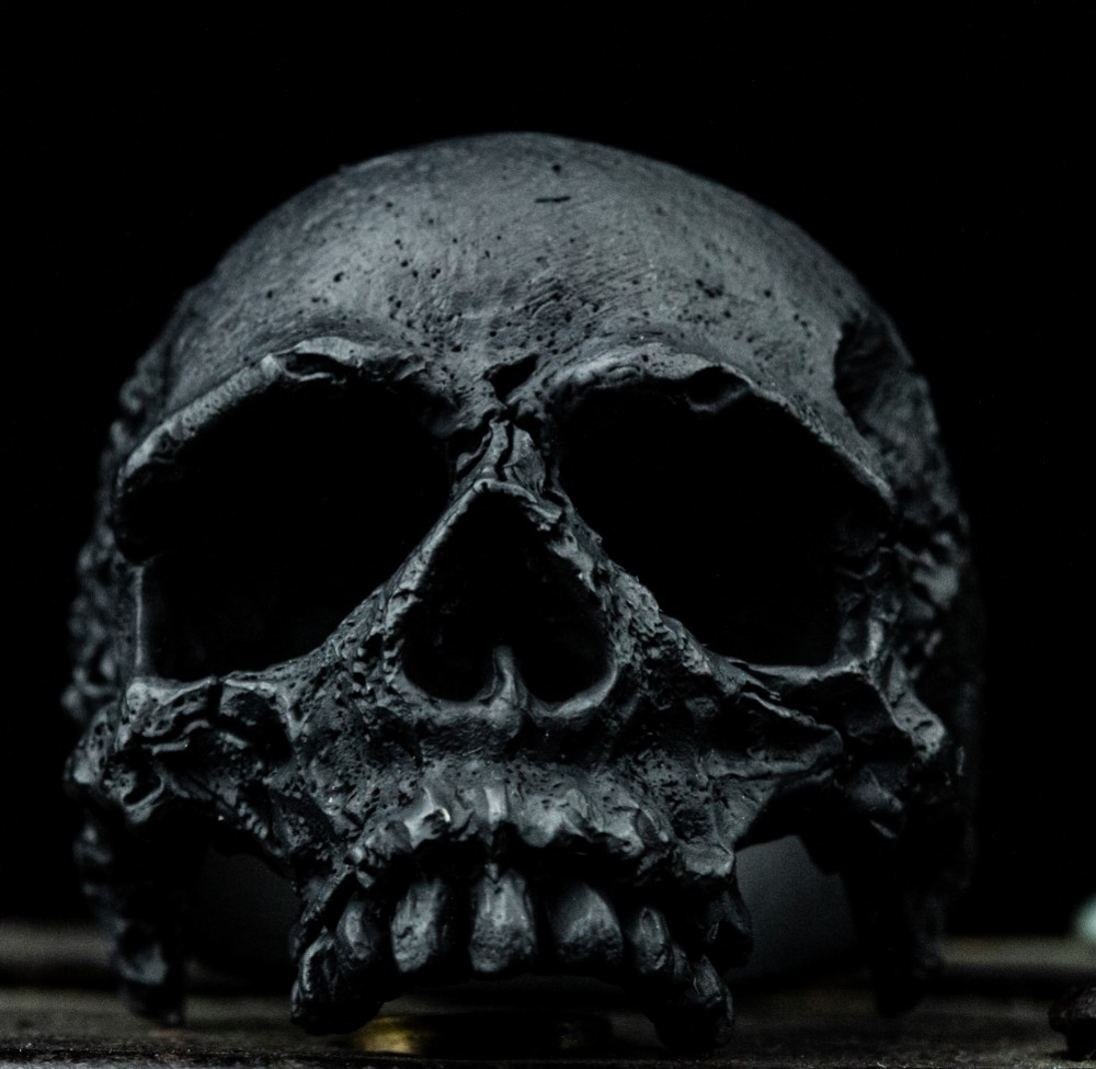 シルバースカルリング、ヴィンテージリング、スカルジュエリー、ブラックジェムスカルリングラージハーフジョーシルバーメンズス