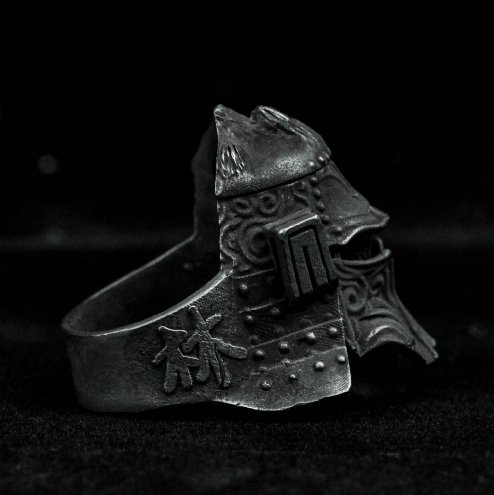 日本の侍ヘルメットリング、マスクヘルメットリング、925スターリングシルバーリング、真鍮リングカスタムジュエリー、手作り