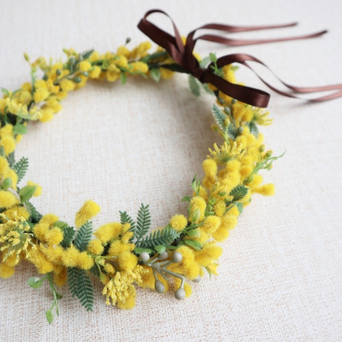 ふわふわミモザの花かんむり＆ミニリース（2way） ヘッドドレス