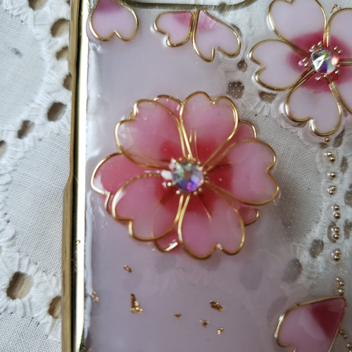 キラキラ☆桜ひらり レジンスマホケース スワロフスキーの