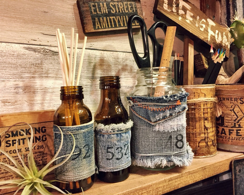 本革レザー&デニムmixアンティーク風リメイク瓶 3本セット No.1918