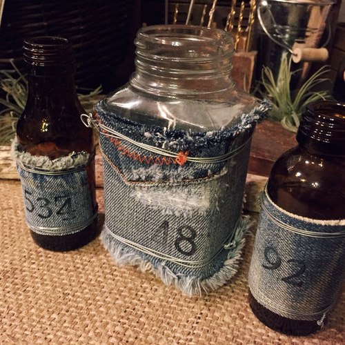 本革レザー&デニムmixアンティーク風リメイク瓶 3本セット No.1918