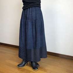古布藍染絣のティアードスカート 1枚目の画像