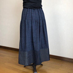 古布藍染絣のティアードスカート 3枚目の画像