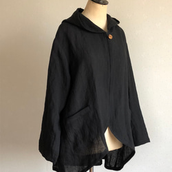 リネンのフード付きジャケット(黒) 2枚目の画像