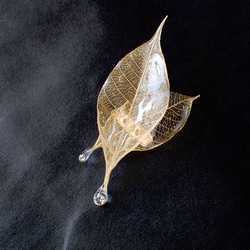 ２つのジルコニアの雫きらめく朝露リーフブローチ琥珀色✴︎パラゴムの葉 4枚目の画像