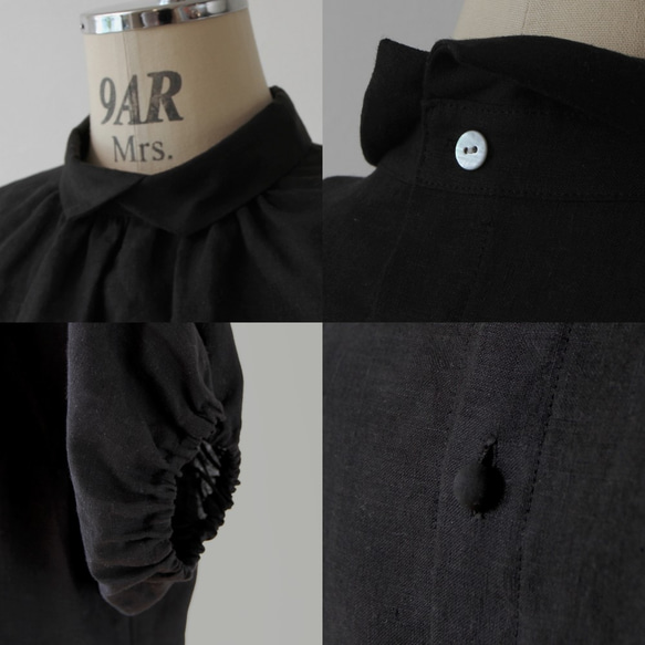 可愛黑色亞麻後胡桃木紐扣捲袖上衣 半袖: 黑色 第7張的照片