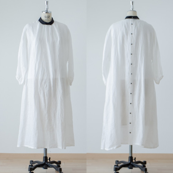 牧師領優雅成熟，可愛背胡桃鈕扣捲袖法式亞麻A字連衣裙：白色牧師 第9張的照片