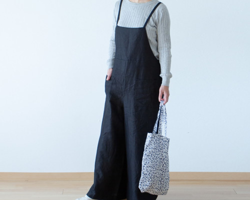 美品 liplneゆるりと大人かわいいサロペットワイドパンツ-リネン/ブラック 0_5863a3b469e888e62a5192383748